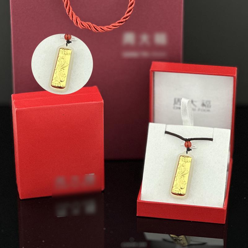 Gold-Inlaid Jade Dragon & Phoenix Pillar Pendant - 3D Solid Gold Dragon & Phoenix with Square Jade Plate