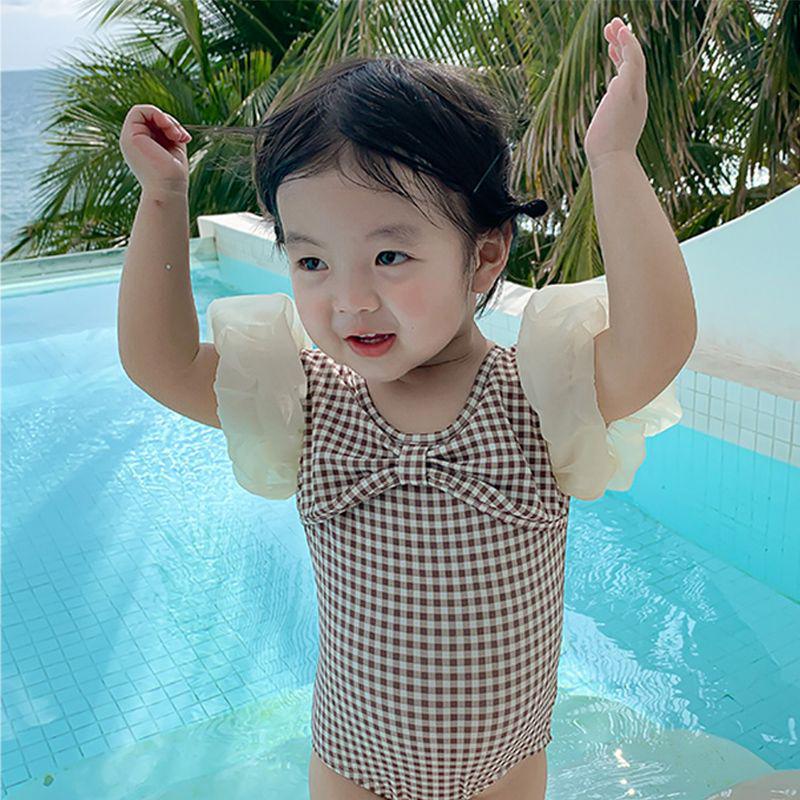 

Милый детский клетчатый слитный купальник в японском стиле: Быстросохнущий, Защищающий от солнца, Модный принцессный дизайн 90 (Height ~80cm)