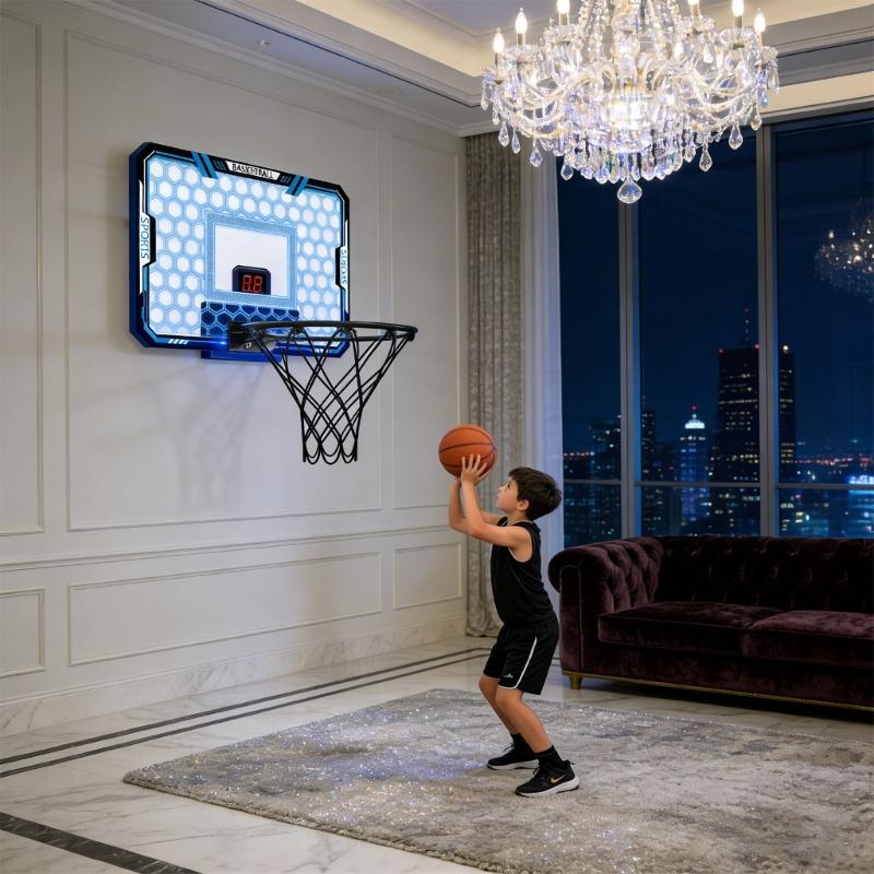 Compacts Indoor Basketball Hoops Remote LED Light Electronic Scoreboard For Bedroom Office Wall Mount Space Saving