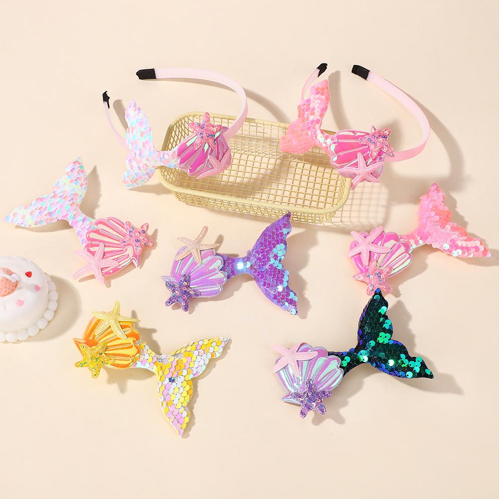 LOVEKIKI 2Pcs/lot Sparkling Mermaid Hair Clip Headband Set Kids Performance Vacation Hair Accessory Exquisite Headwear Gift
