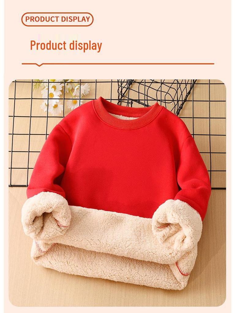 2026 Year of the Horse Red Fleece-Lined Sweatshirt for Kids - Warm, Thick, Round Neck Pullover