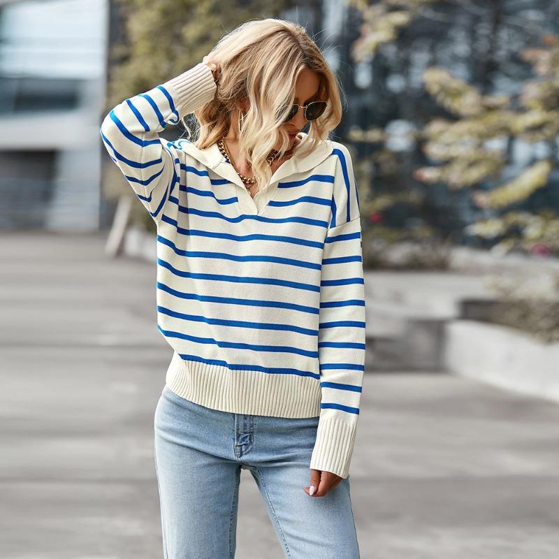 Autumn and Winter Polo Collar Women's Sweater Contrasting Striped Top
