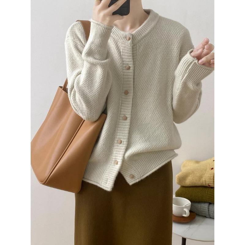 Autumn and Winter New Simple Temperament Long-sleeved Loose Round Neck Single-breasted Knitted Sweater Women's Cardigan Jacket Women's Clothing