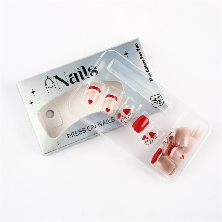 24pcs Valentines Nail Press On Nail French Tip Short Square Elegant Heart Designs Stick on Nail Manicure Nail Accesories