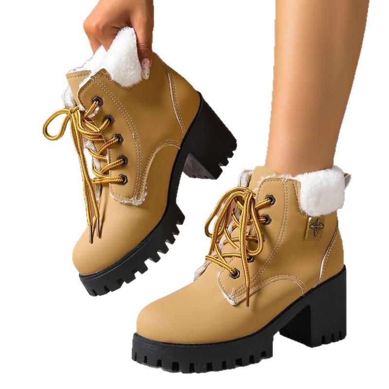 Women's Wide Width Platform Snow Boots - Chunky Heel Lace-Up Winter Boots with Plush Lining, Fashion Insulated Martin Boots