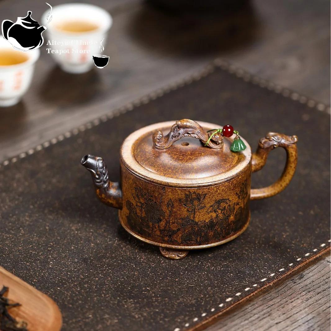 Yixing purple clay teapot, original ore, dragon bone, gold sand, three legged fish fun, Kung Fu tea set, Chinese teapot