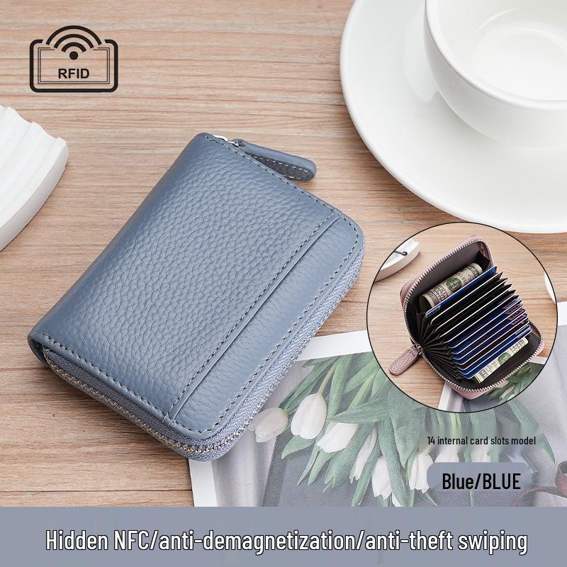 Women's Genuine Leather Zipper Card Holder - Anti-Demagnetization Multi-Slot Accordion Style