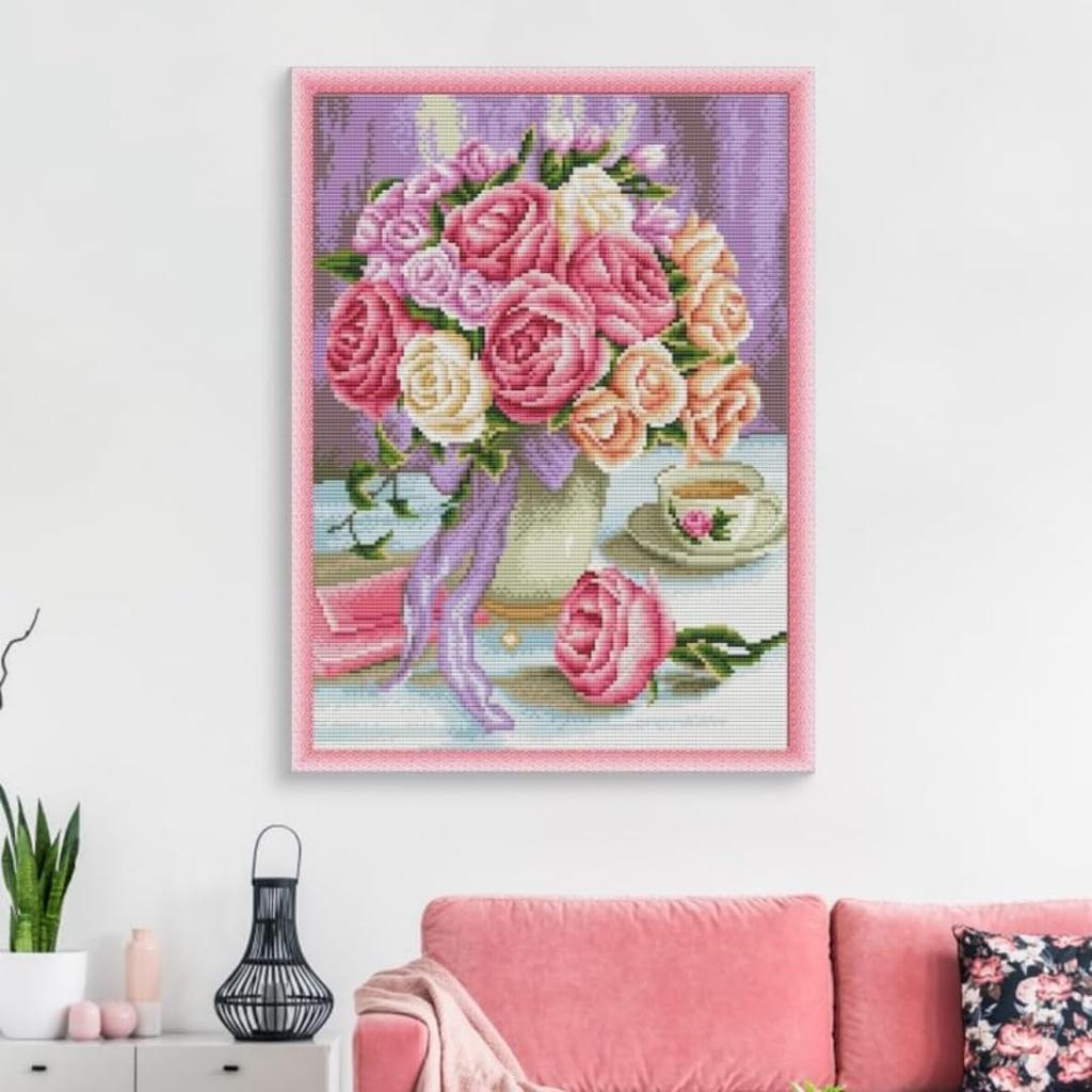 Gofission 11ct Stamped Cross Stitch Kit for Rose DIY Preprinted Cross Stitch Embroidery Set with Wall 36x46cm Adults, Beginners, Design, Accessories,