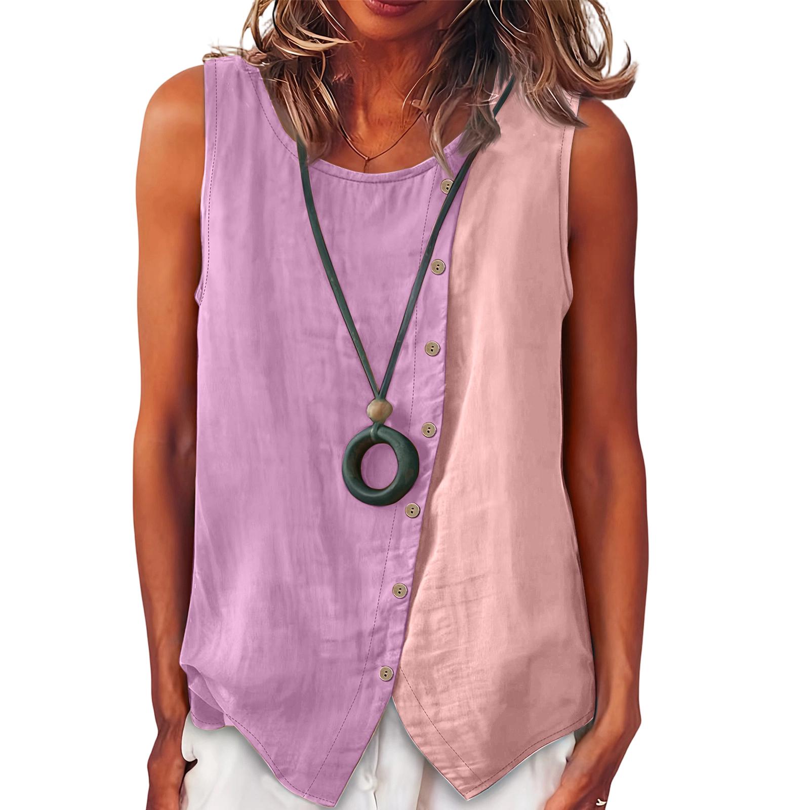 

Sleeveless Button Down Blouse for Women Asymmetrical Hem Casual Loose Fit Lightweight Top Shirt M розовый