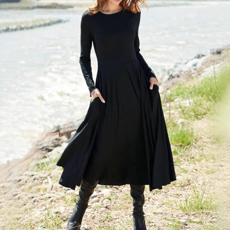 Women'S New European And American Wish Long-Sleeved Crew Neck Solid Color Long Women'S Dress