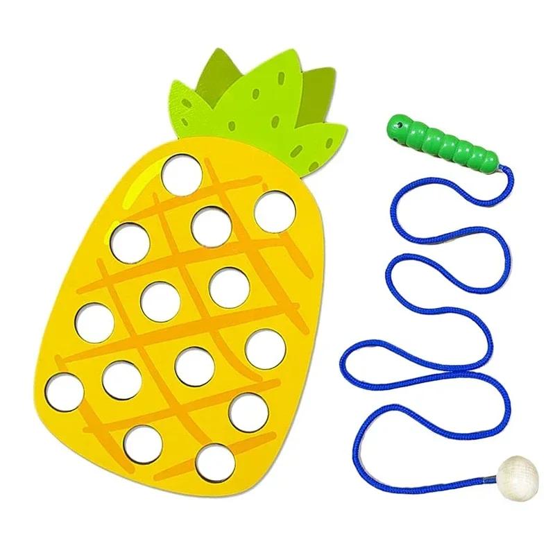 Wooden Lacing Toy Educational Fruits Threading Activity Puzzles Studying Fine Motor Skill Car Toy Set for Toddlers Kid Best Gift