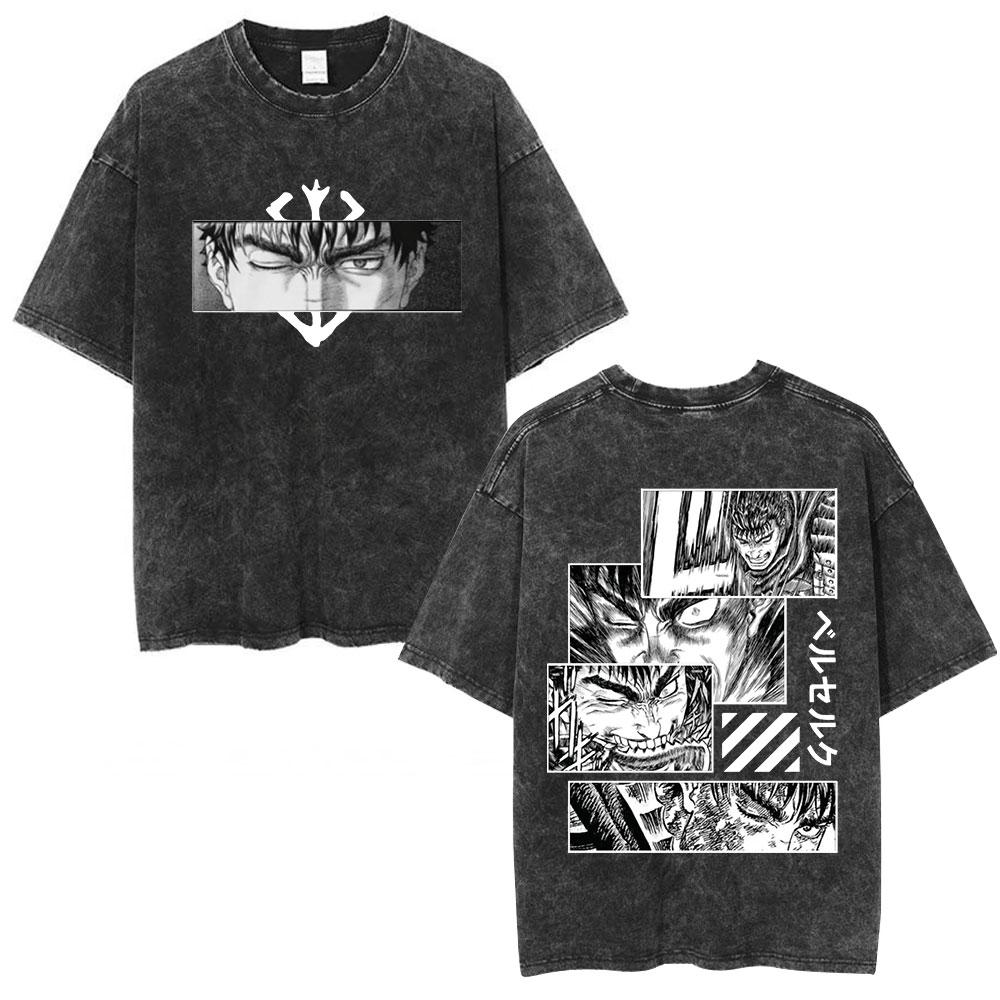 Japanese Anime Berserk Guts Vintage Washed T Shirt Griffith Swordsman Gatsu Sacrifice Zodd T-shirts Unisex Cotton Casual T-Shirt