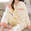 French Floral Faux Cotton Women's Pajama Set - Spring/Autumn Long Sleeve & Pants, Loose Cardigan Style for Middle-aged Women.