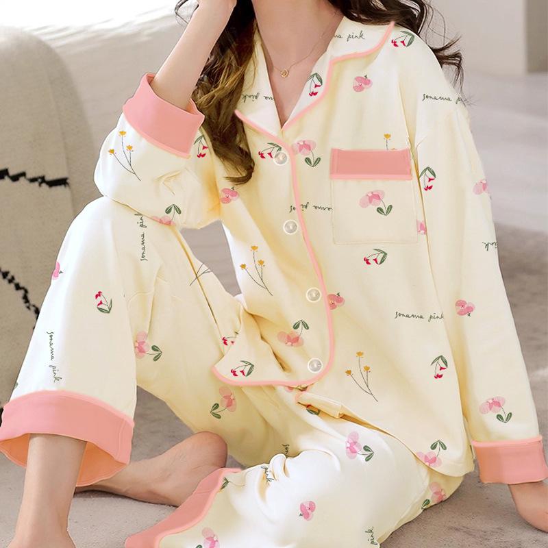 French Floral Faux Cotton Women's Pajama Set - Spring/Autumn Long Sleeve & Pants, Loose Cardigan Style for Middle-aged Women.