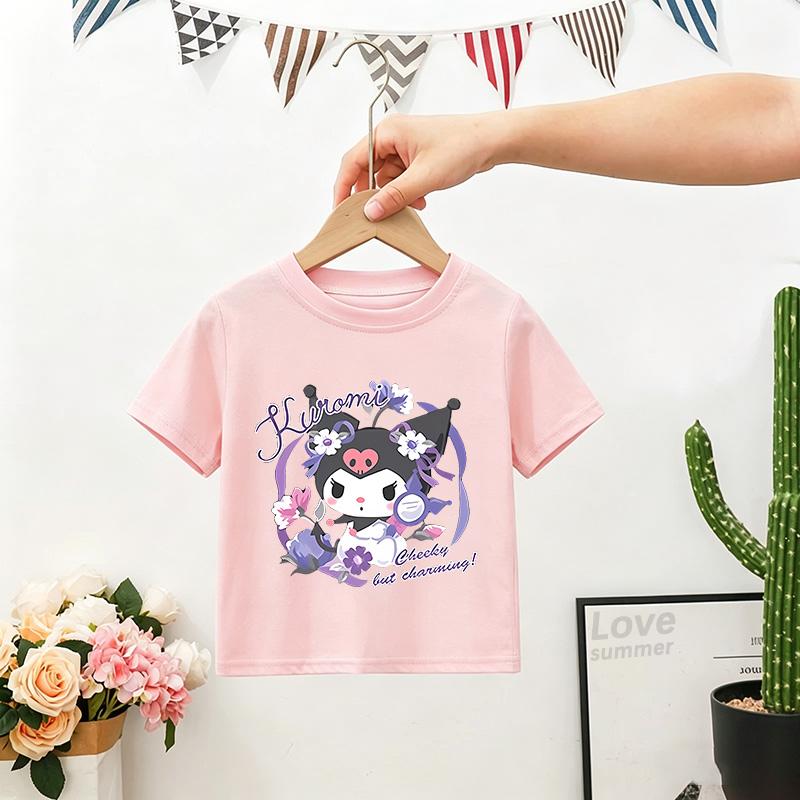 Kuromi Print Summer girls T-shirt My Melody Cute Trend Kawaii Sanrios Girl High Quality Trend Fashion Kid Tops Gift