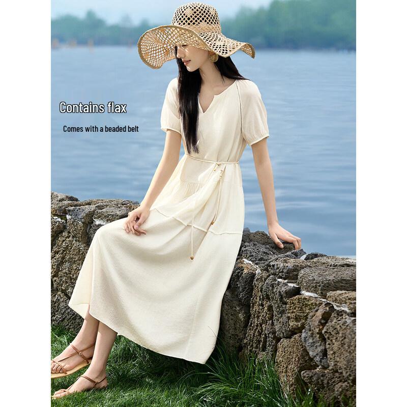 Women s Linen Blend V-Neck Tiered A-Line Midi Dress S белый