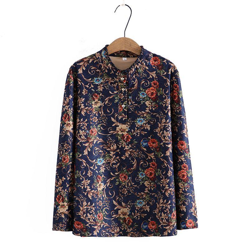 Autumn Bottoming Shirt T-shirt Women's Plus Size Loose Belly Covering Western Style Lace Collar Printed Long-sleeved Top