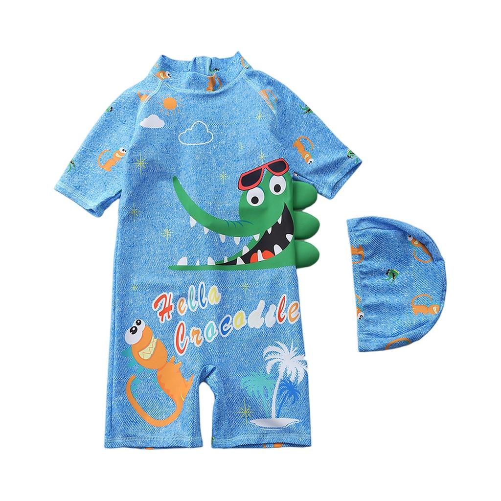 Boys Short Sleeve Hooded One-Piece Swimsuit Cartoon Dinosaur Print Beach Swimwear Summer Kids Swim Shirt with Matching Swim Cap