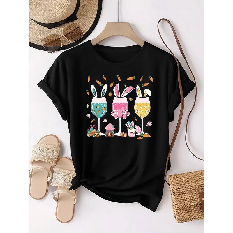 

European Size Pink Bunny Ears and Easter Egg Printed Casual Sports T-Shirt for Women | Crew Neck, Short Sleeve, Comfortable Fit, All Season 4XL