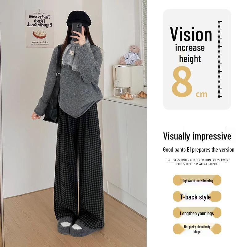 Petite Woolen Checkered Wide-Leg Pants for Women - Autumn/Winter 2025 