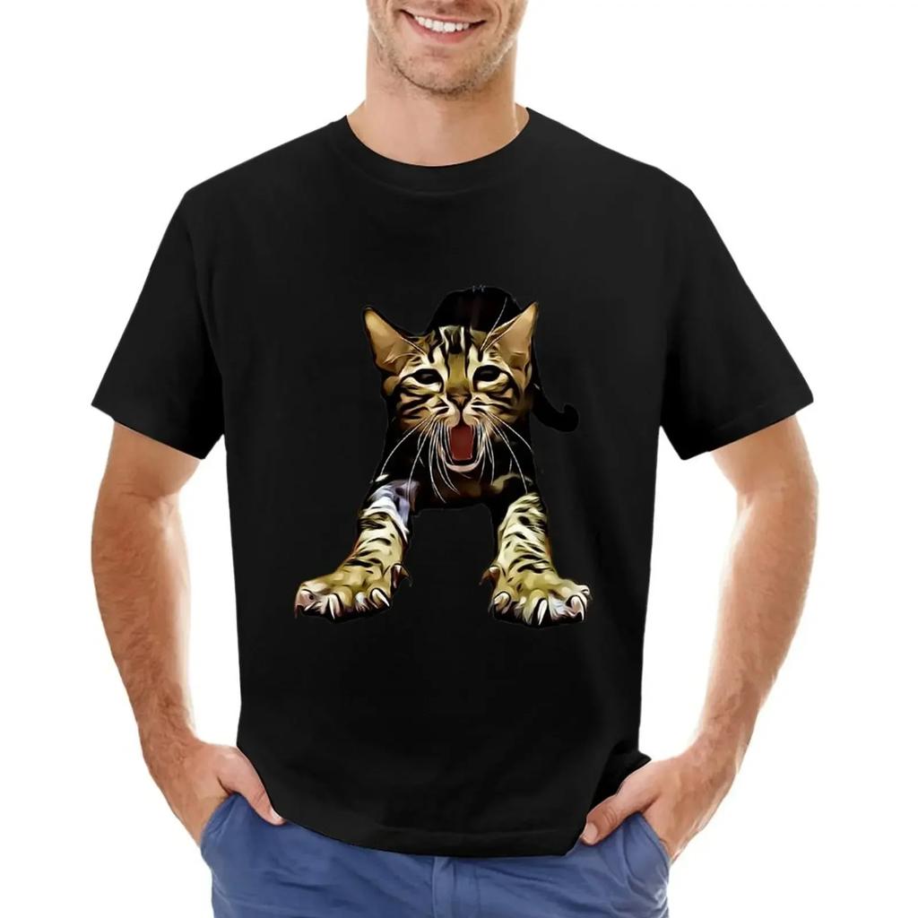 Bengal Katze gähnend T-Shirt schnelltrocknend Übergrößen lustig schlicht schwarz T-Shirts Herren