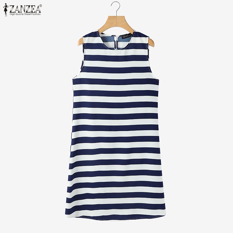ZANZEA Women Casual Round Neck Stripe Sleeveless Tank Dress
