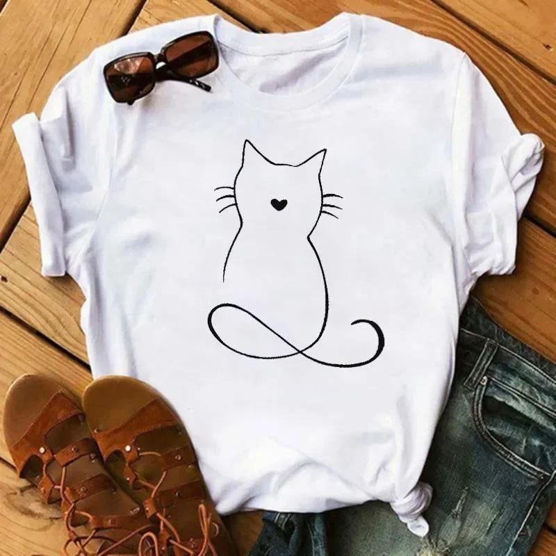 Maycaur Kawaii Cats Print Summer Cute Women Tshirt Funny Cartoon T Shirt FeUnisex Ullzang Tshirt 90s Fashion Korean Style Top Tee