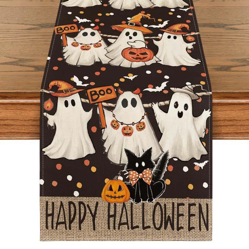 

Скатерть-дорожка на стол на Хэллоуин с рисунком тыквы-призрака, льняная, моющаяся, ужасная чёрный