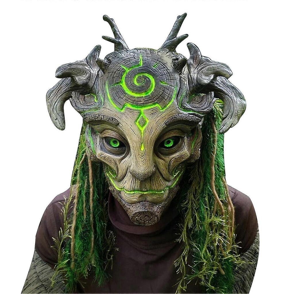 Full Head Masque Stretchy Realistic Halloween Supplies Fun Carnival Latex Green Forest Elf Old Man Masque with Light for Cosplay 25-26