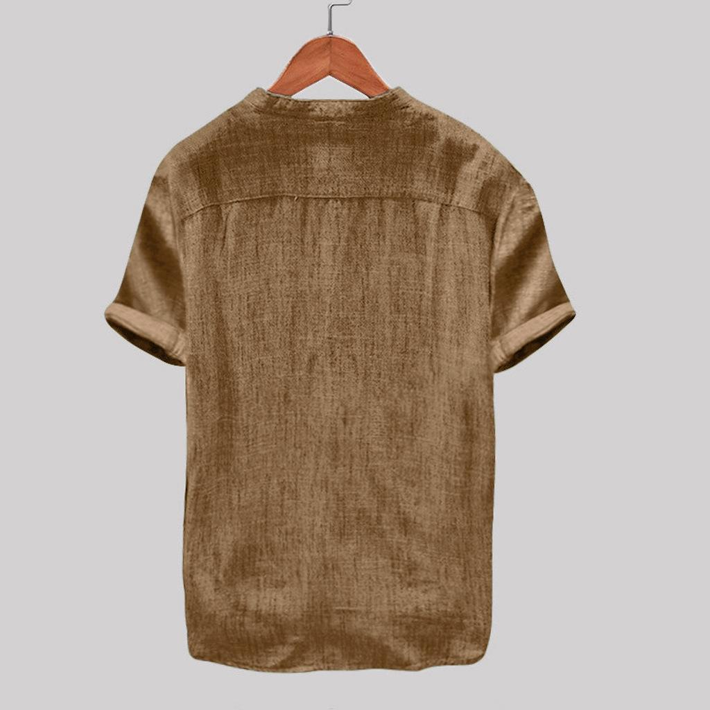 Men's Casual Short-sleeved Round Neck Solid Color Cotton Linen Shirt