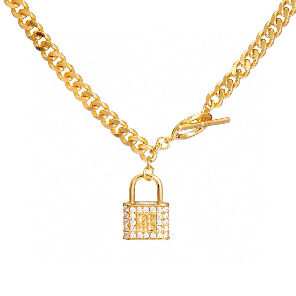 Nanjing Rhinestone Padlock Necklace - Simple Lock & Key Collarbone Chain for Women