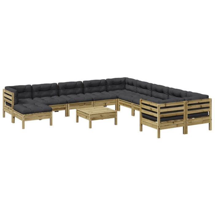 VidaXL Salon de jardin avec coussins 12 pcs bois de pin imprégné, ensemble de canapés d'extérieur, ensemble de canapés de 3299657