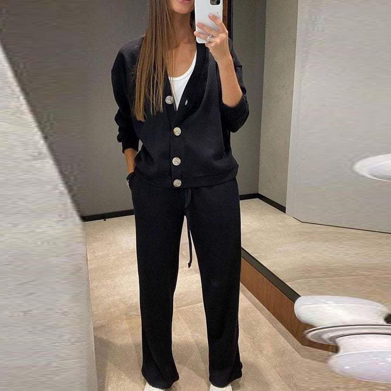 Fall and Winter New Fashion Single-breasted Casual Sports Suit Cardigan Top Lace-up Pants Two-piece Women's Clothing