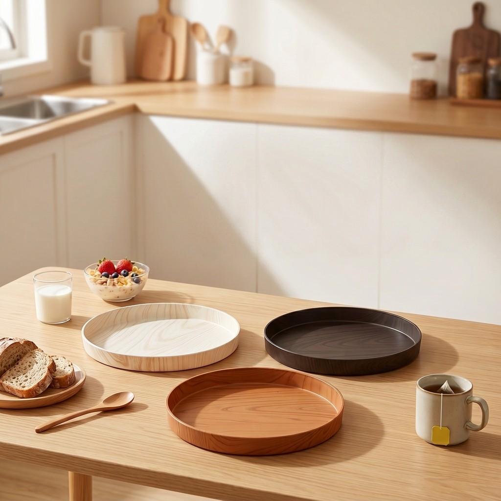Round Wood Grain Serving Tray Decorative Food Plate Tableware Breakfast Tea Coffee Dessert Platter Stackable Kitchen Dishes