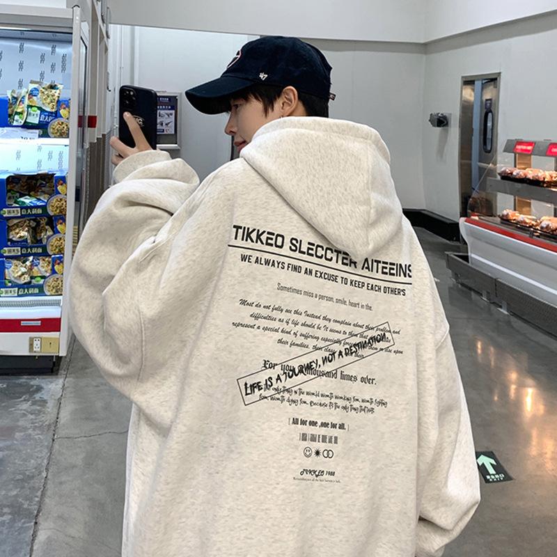 

Hooded sweater American high street printing autumn and winter casual versatile women s velvet thickened loose men XXXL