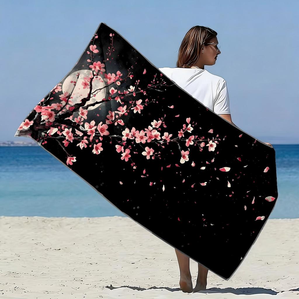 Elegant Sakura Moon Microfiber Beach Towel 1 Piece Set 2D Flat Printed Sandproof Waterproof Holiday Sea Sunbed Lounger Towel