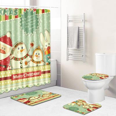 Weihnachts-Duschvorhang Bodenmatten-Kombination Vier-teiliges Set Badezimmer Toilette Teppich Duschkabinenmatte Fußmatte