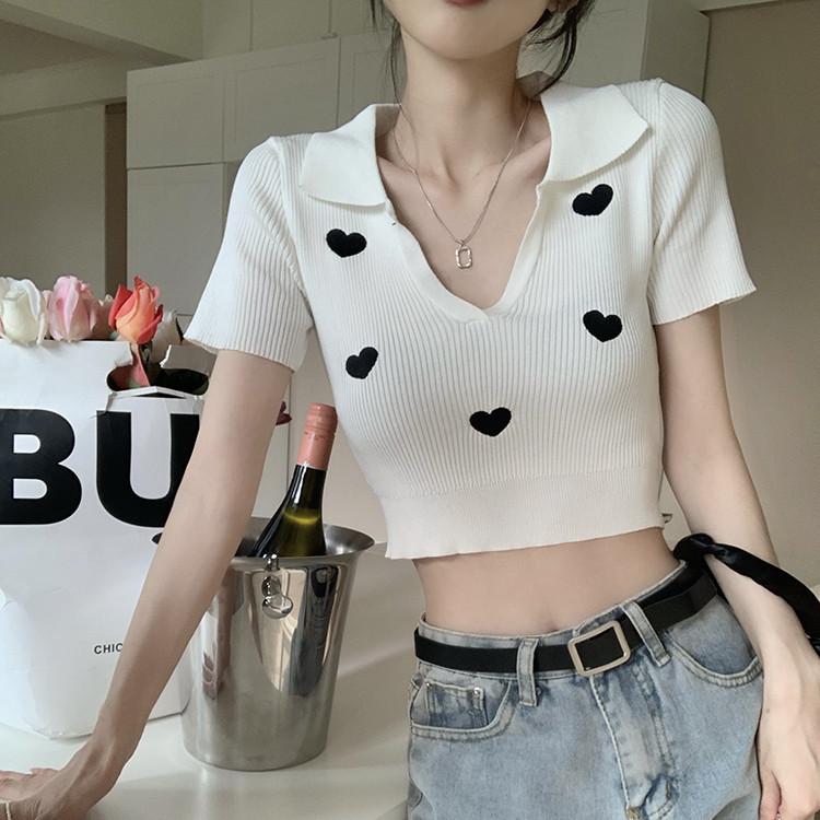 Love Print Knit Shirt Collar Short Sleeve Shirt Female Summer Thin Short Section Top Tide Casual Essential Comfort and Style Slim Fit Pullovers Tees