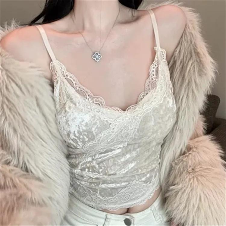 

Spicy Girl Deep V-Neck Velvet Vest - 2025 Spring Slim Fit Sling Top Medium