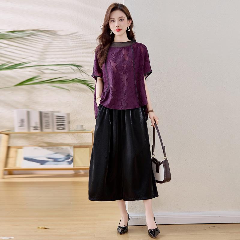 

2025 Summer Women s Fashionable Casual Two-Piece: Slimming Top & Wide-Leg Pants XL 130-145 Jin фиолетовый