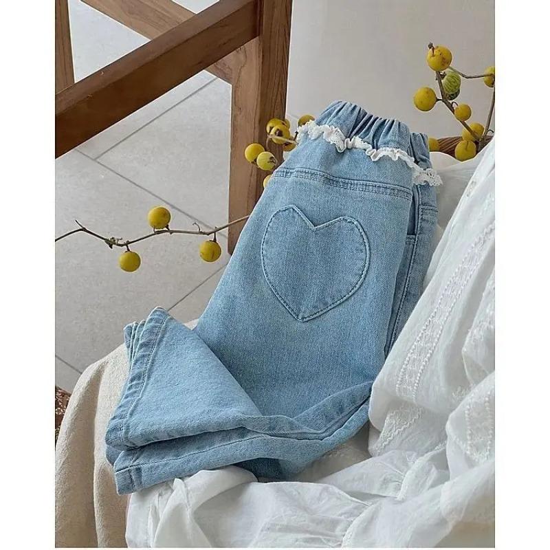 Girls Lace Straight Leg Jeans Spring Autumn Children Clothing Pants Children Korean Wide Leg Denim Pant