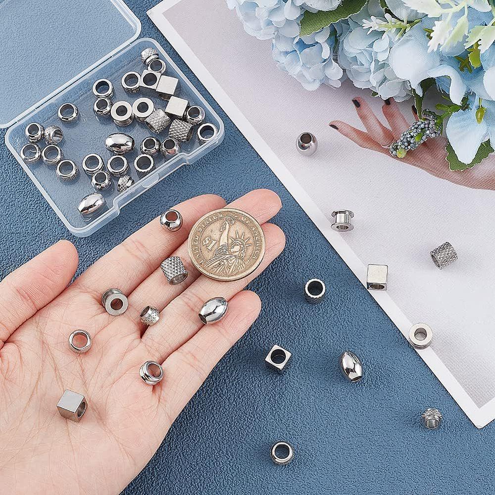 48Pcs 8 Style 304 & 201 & 303 Stainless Steel European Beads Large Hole Beads Rondelle & Rondelle & Cube Stainless Steel Color 7~10x7~10x4~8mm