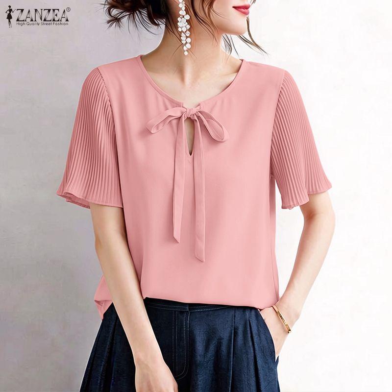 ZANZEA Women Casual V-Neck Solid Color Loose Pleated Short Sleeve Blouse