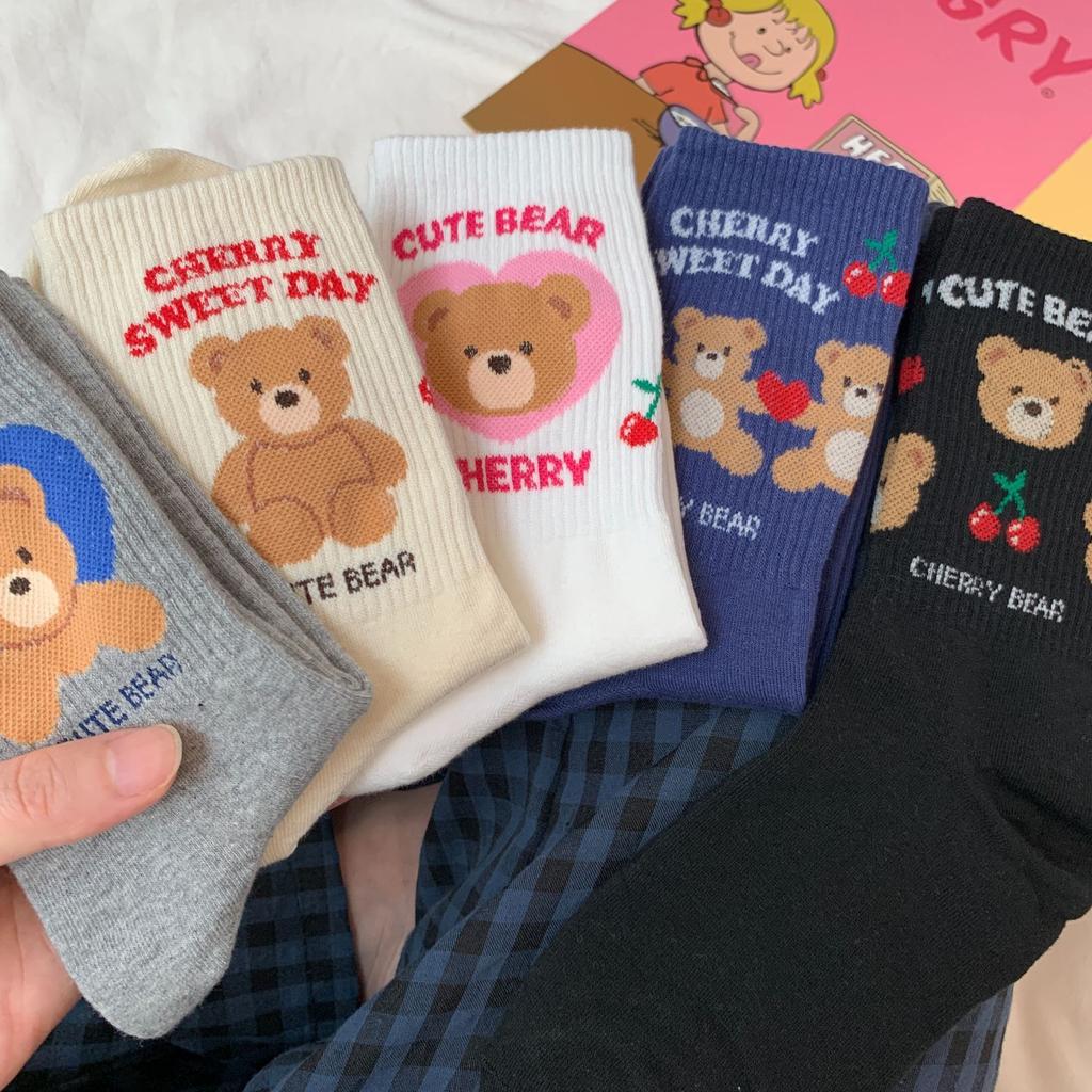 Björnsockor Dam Mellanhöga Trendig Tjej Söt Mönster Illustration Tecknad Par Mellanhöga Sockor