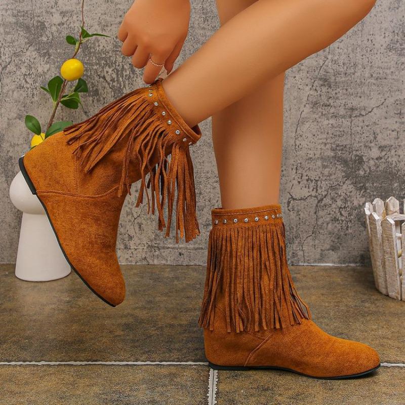 Large Size Wind Round Head Flat Heel Rhinestone Fringed Fashion Boots Autumn and Winter New Mid Tube Outer Women's Boots