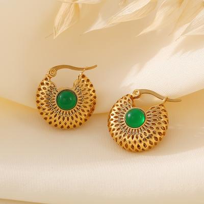 Orecchini in vetro verde retrò francese in oro cavo con design di nicchia in acciaio al titanio placcato in oro vero 18k, gioielli per le orecchie di lusso