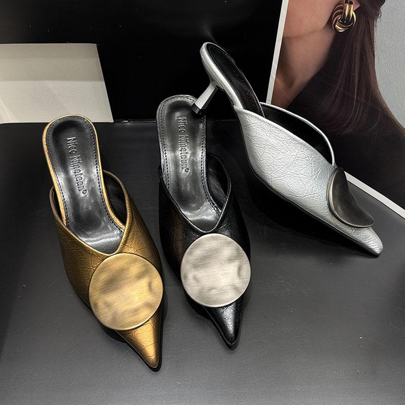 Fashion 2025 New Fashion Pointed Toe Ladies Medium Heels Pumps Shoes Spring Summer  Female Slides Metal Women Heeled Sandals Shoes Mules