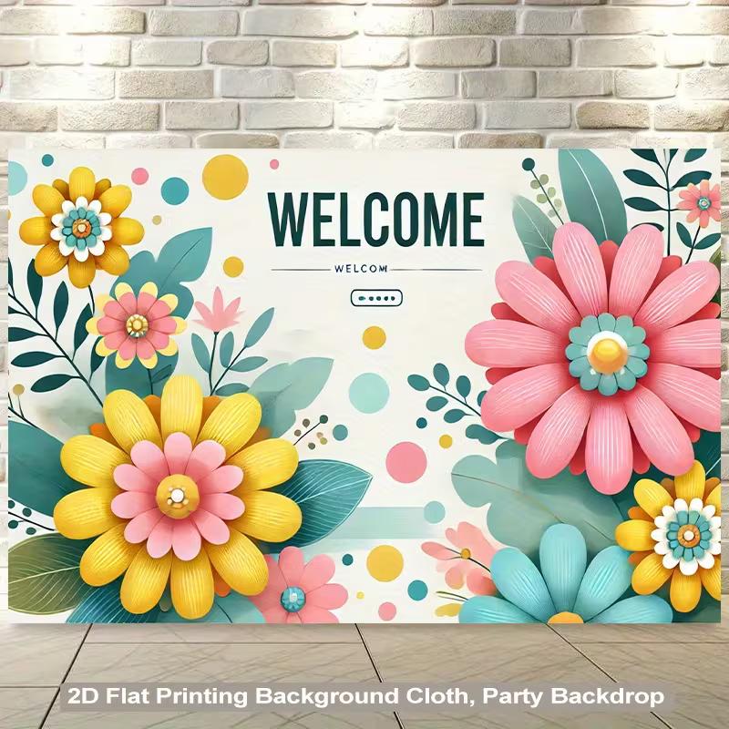 2D Flat Printing  WELCOME  with Pink Yellow and Teal Flowers Backdrop 47.2x31.5inch/120*80cm