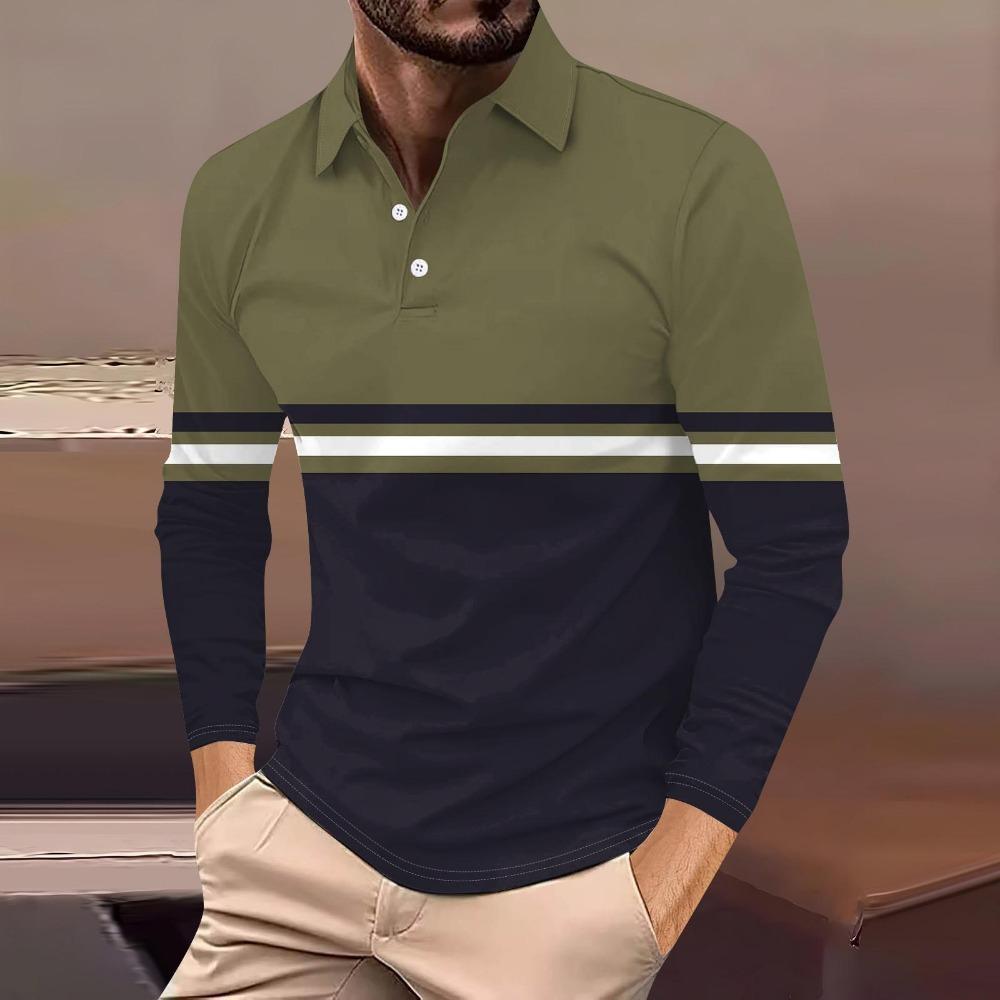 Fashion Men's Sweatshirt Long Sleeve Lapel Top Button Down Striped Polo Shirt