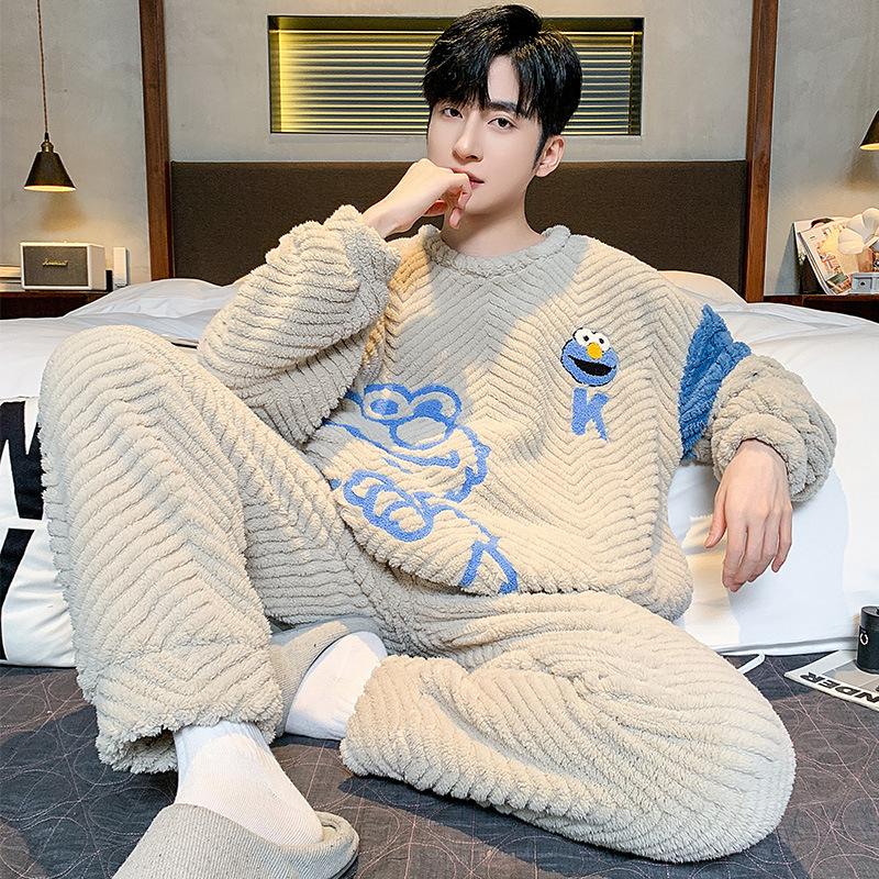Men's pajamas coral fleece autumn and winter warm home leisure suits can be worn outside plush loungewear men's